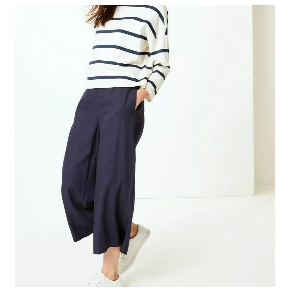 M&S Collection Navy Blue Wide Leg Linen Palazzo Pants Elastic‎ Waist US 12 14